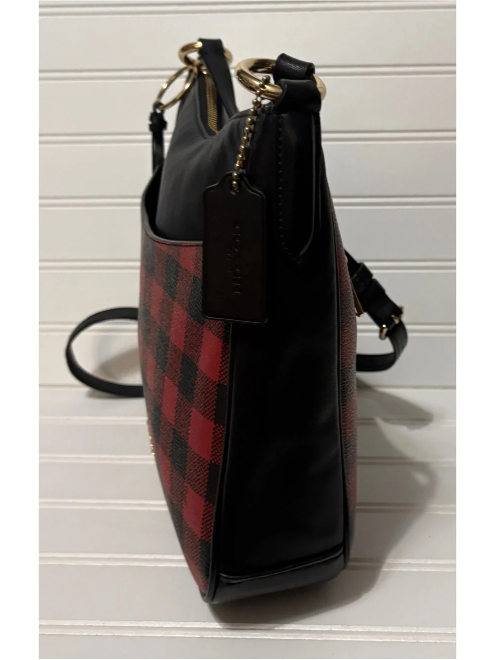COACH Chaise Red Black Gingham Print Canvas Crossbody Shoulder Bag Purse Tote